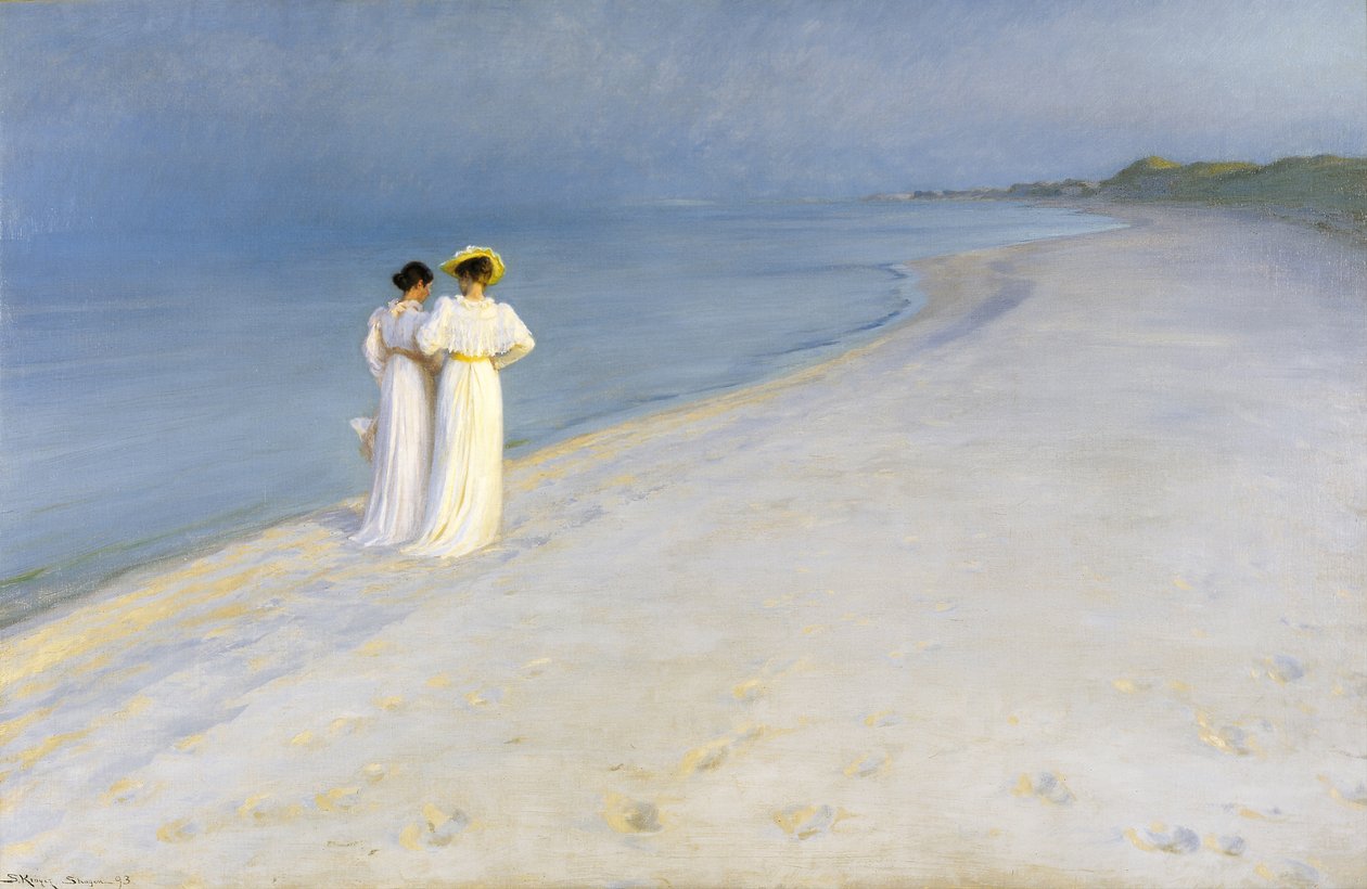Tanskan kieli: Sommeraften på Skagen Sønderstrand Kesäilta eteläisellä rannalla tekijältä Peder Severin Krøyer