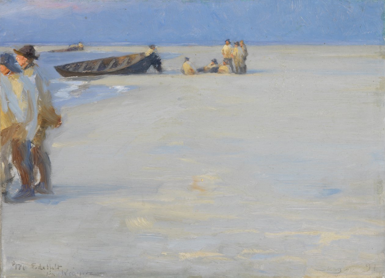 Kalastajia Skagenin pohjoisrannalla. Kesäilta tekijältä Peder Severin Krøyer