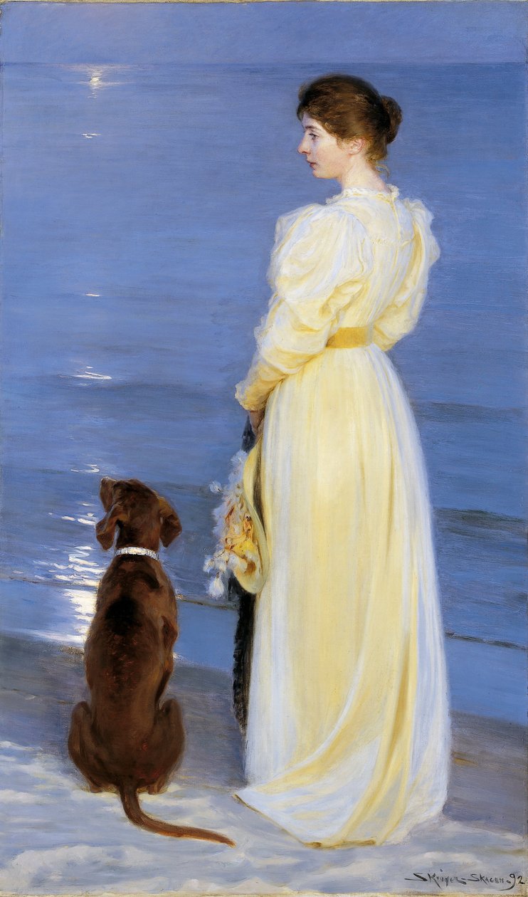 Sommeraften ved Skagen. Kunstnerens hustru med hund ved strandkanten tekijältä Peder Severin Krøyer