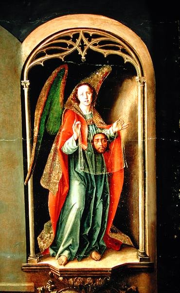 Enkeli pitelee pyhää käärinliinaa, yksityiskohta St. Thomas Aquinoksen alttaritaulusta, 1510 tekijältä Pedro Berruguete