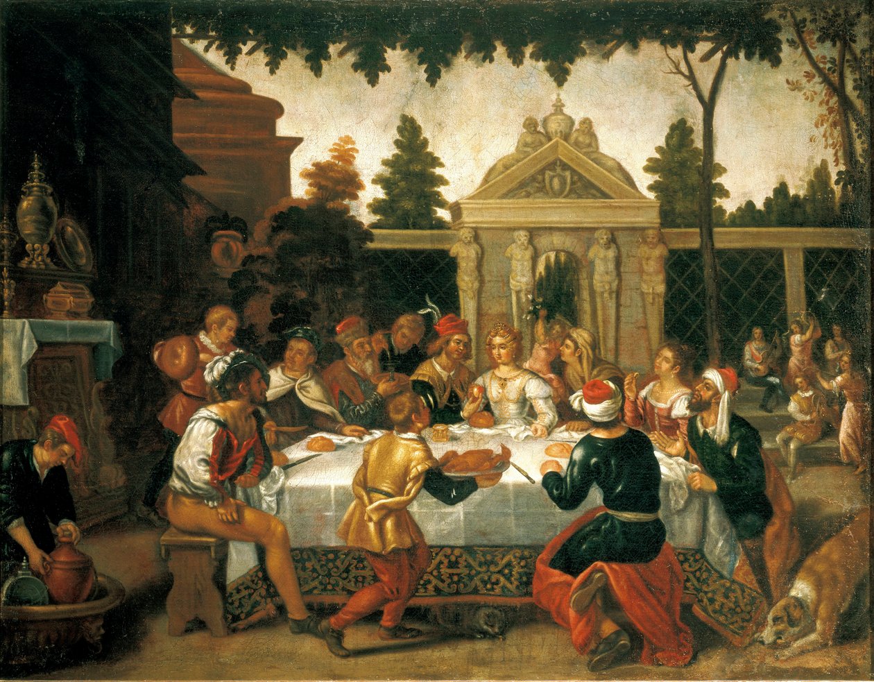 Iisakin ja Rebeccan hääjuhla, Pedro Orrenten koulun taiteilija (1580-noin 1645) tekijältä Pedro (school of) Orrente