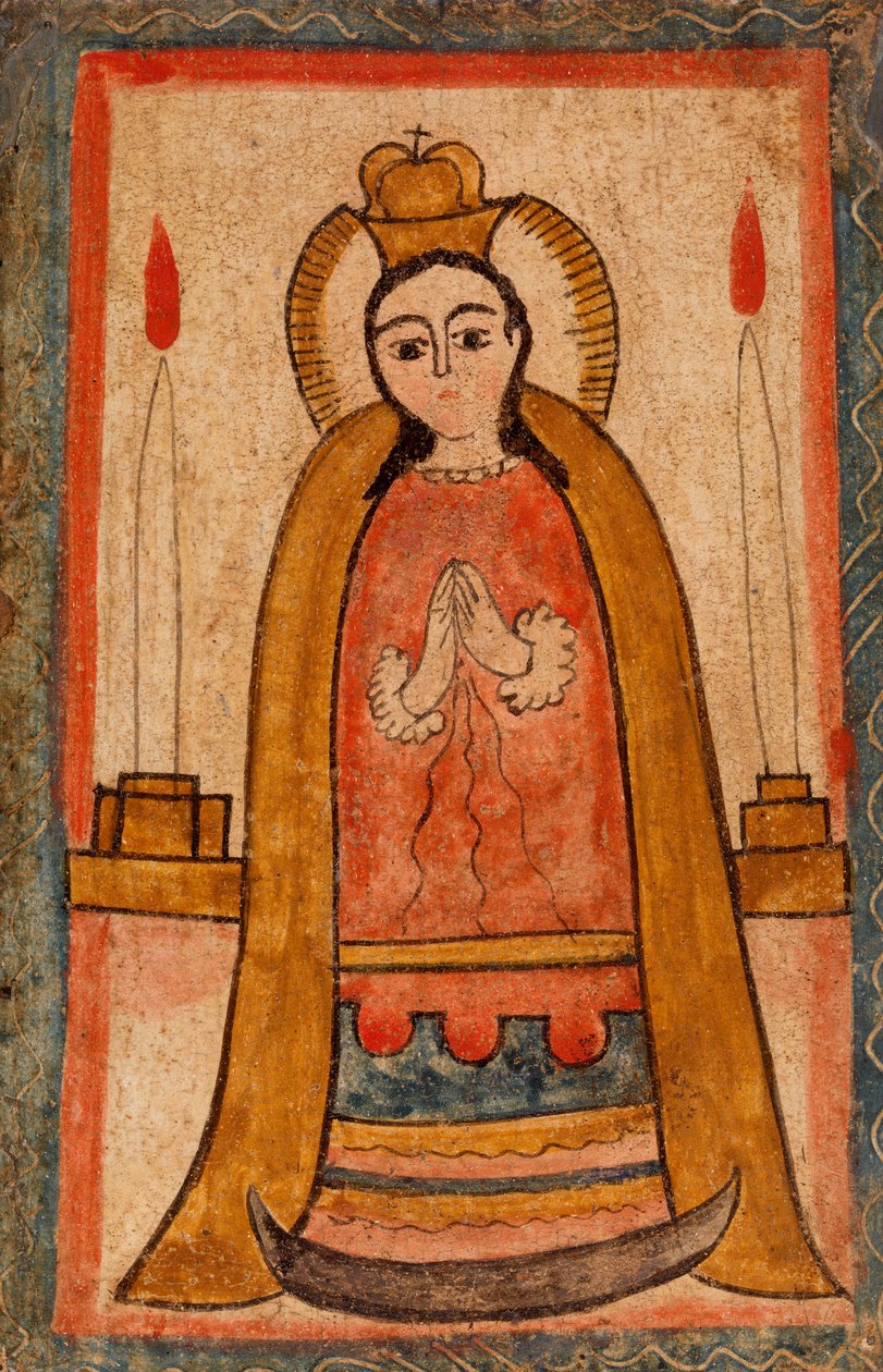 Madonna yllään punainen mekko, c. 1820 (vesiohenteinen maali puulevylle) tekijältä Pedro Antonio Frésquis