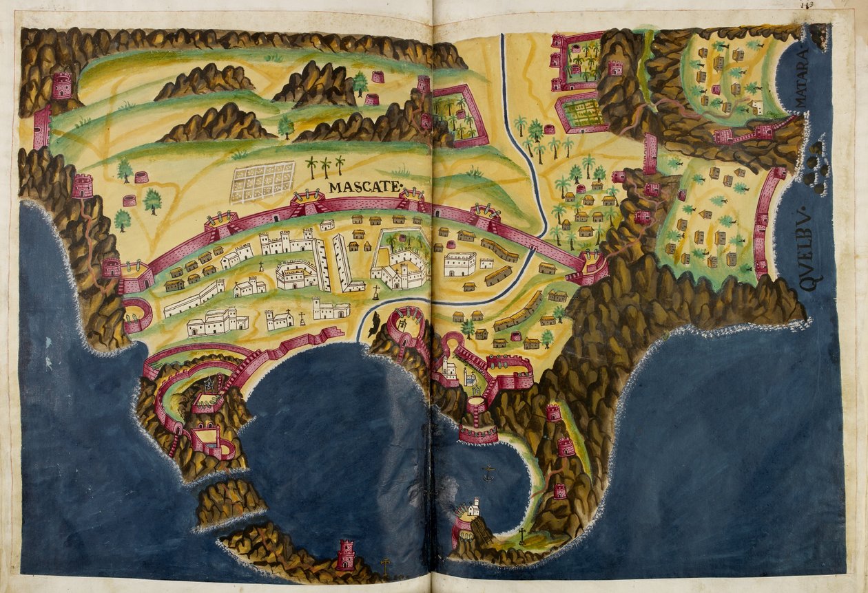 Alla portugalilainen kuva Muscatista Pedro Barreto de Resenden käsikirjoituksesta Livro do Estado da India Oriental, Sloane MS 197. tekijältä Pedro Barretto de Resende