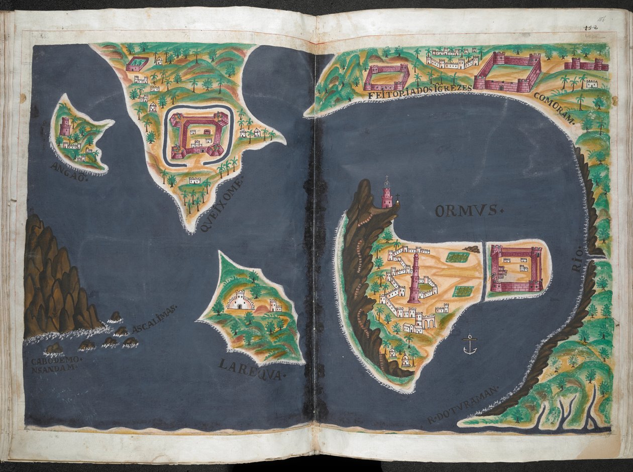Hormuzin suunnitelma Pedro Barreto de Resenden portugalilaisesta käsikirjoituksesta Livro do Estado da India Oriental. tekijältä Pedro Barretto de Resende