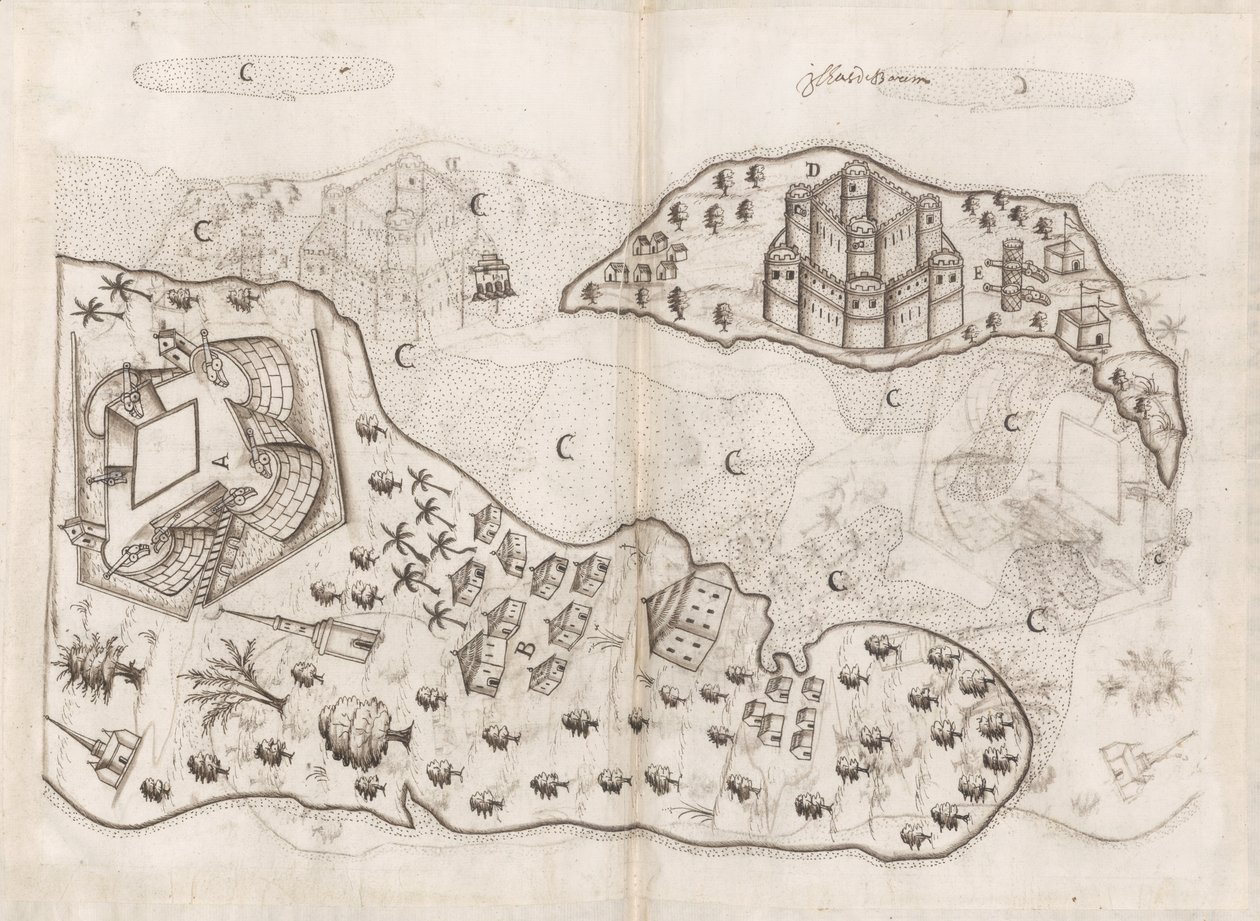 Portugalin suunnitelma Bahrainin saarista, Pedro Barreto de Resenden Livro do Estado da India Oriental, Sloane MS 197, f.165v-166r (kynällä ja tussilla paperille). tekijältä Pedro Barretto de Resende