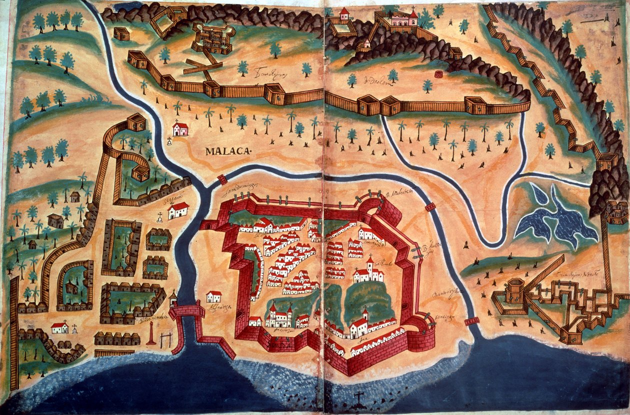 Sloane 197, ff.381v-382r: Malaccan kaupungin suunnitelma "Livro do Estado de India Orientalista" tekijältä Pedro Barretto de Resende