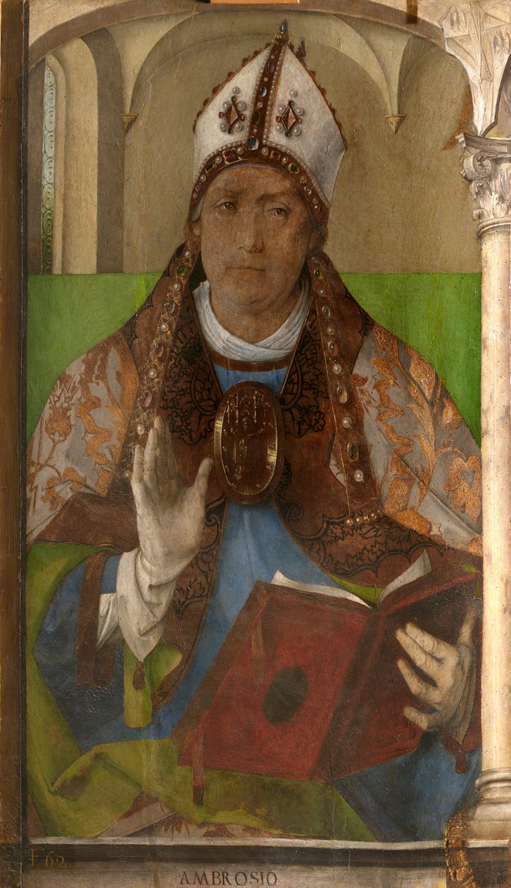 Ambroseus Milano (n. 340-397) - Saint Ambrose, Milanon arkkipiispa Berruguete, Pedro (1450-1503). Öljy puulle, koko: 117x65, n. 1473-1475, Galleria Nazionale delle Marche, Urbino tekijältä Pedro Berruguete