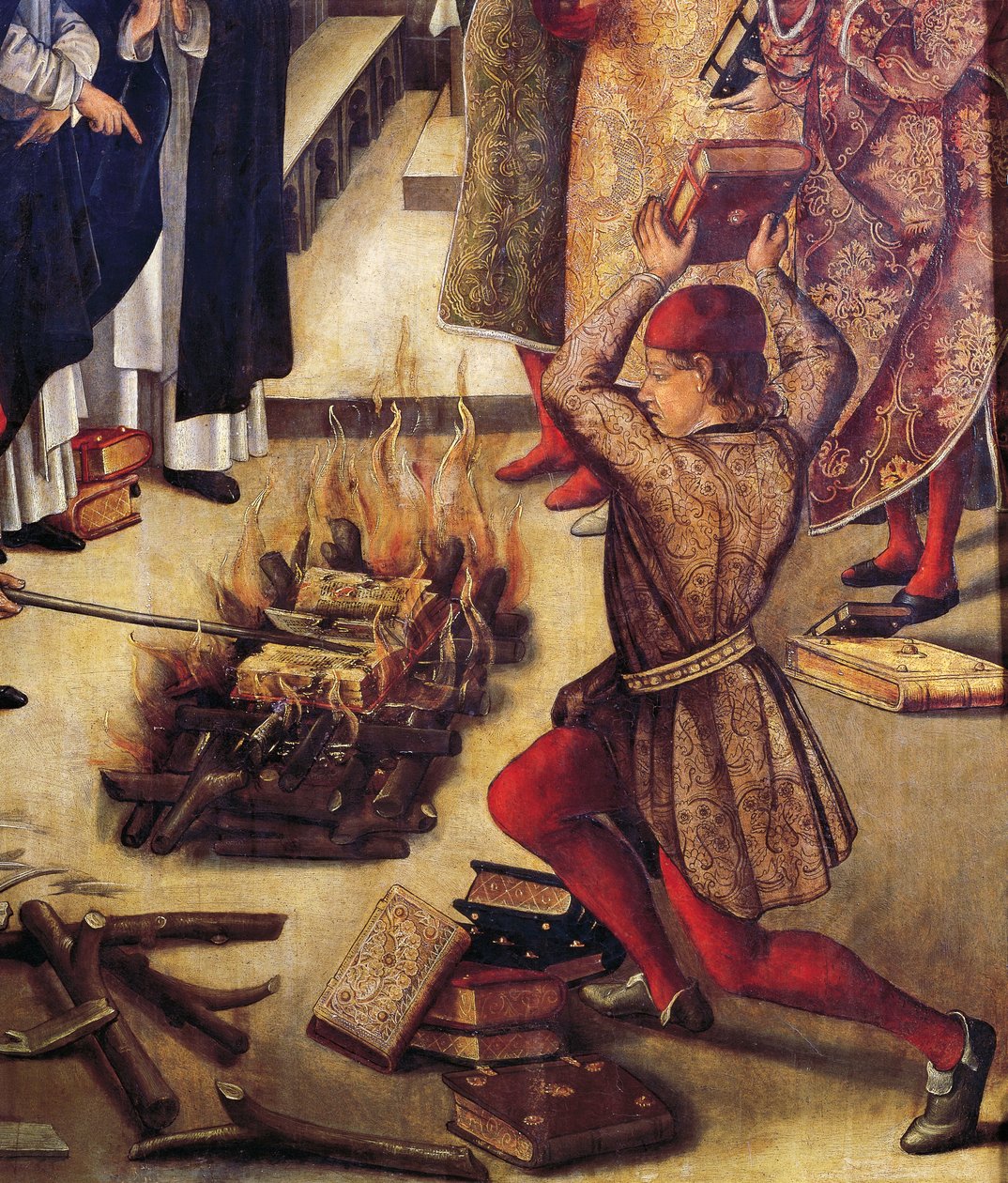 Harhaoppisten kirjojen polttaminen, yksityiskohta San Domenicosta ja Albigensesistä, Pedro Berruguete (noin 1450 - noin 1504) tekijältä Pedro Berruguete