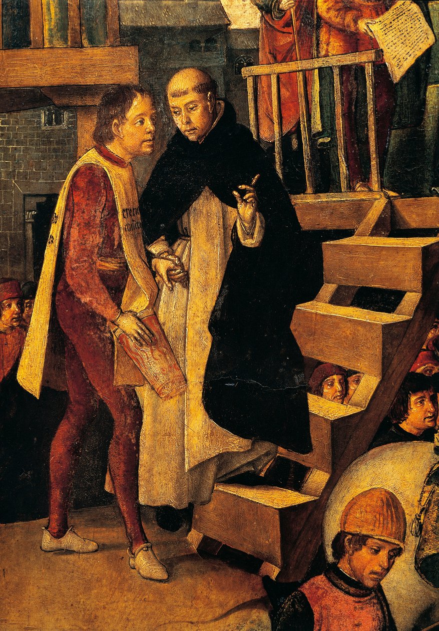 Tuomittu mies menee inkvisitiooikeuteen, yksityiskohta Autodafen johtamasta San Domenico Guzmanista, Pedro Berruguete (noin 1450-noin 1504) tekijältä Pedro Berruguete
