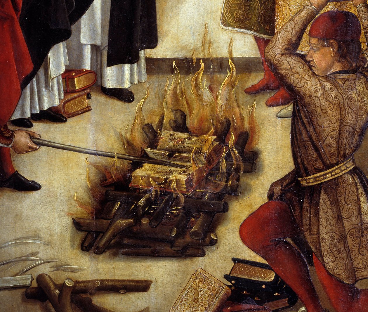 Yksityiskohta ”” Saint Dominique et les Albigeois” (Le Miracle des Fanjeaux): pyhimys antaa albigeoisille kirjan, joka kumoaa heidän harhaoppinsa, ja albigeolaiset yrittävät polttaa sen, tuloksetta. Pedro Berrugueten (1450-1504) maalaus. 1500-luvun aurinko tekijältä Pedro Berruguete