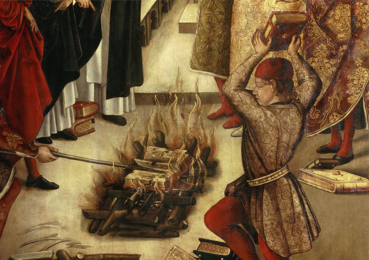 Yksityiskohta ”” Saint Dominique et les Albigeois” (Le Miracle des Fanjeaux): pyhimys antaa albigeoisille kirjan, joka kumoaa heidän harhaoppinsa, ja albigeolaiset yrittävät polttaa sen, tuloksetta. Yksityiskohta. Pedro Berrugueten (1450-1504) maalaus. 150 tekijältä Pedro Berruguete