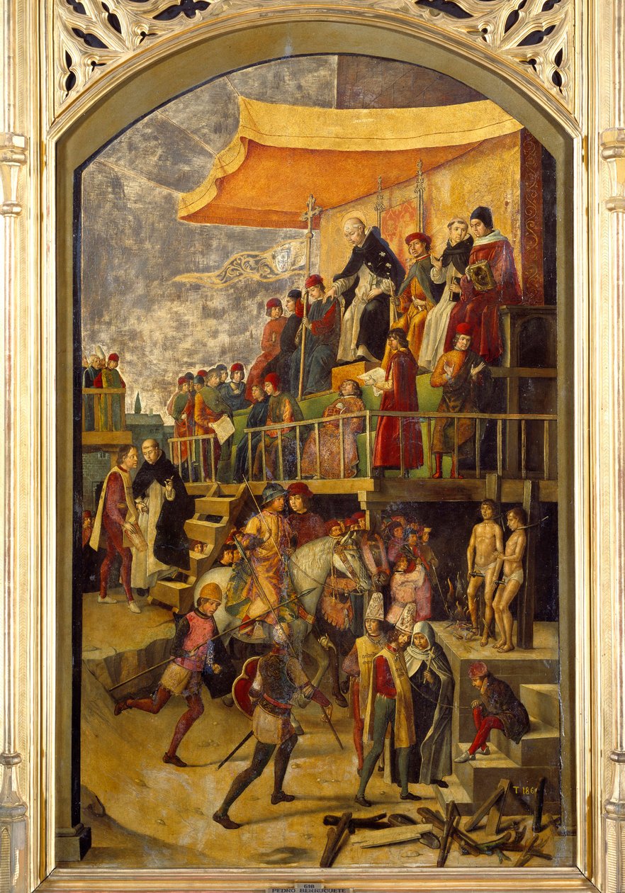 Inkvisitio "" Autodafe johtaa Saint Dominica de Guzman (1170-1221), dominikaanisen ritarikunnan perustaja"" Pedro Berrugueten (1450-1504) maalaus puulle 1495 su. 1,54 x 0,92 m Madrid, Musee du Prado tekijältä Pedro Berruguete