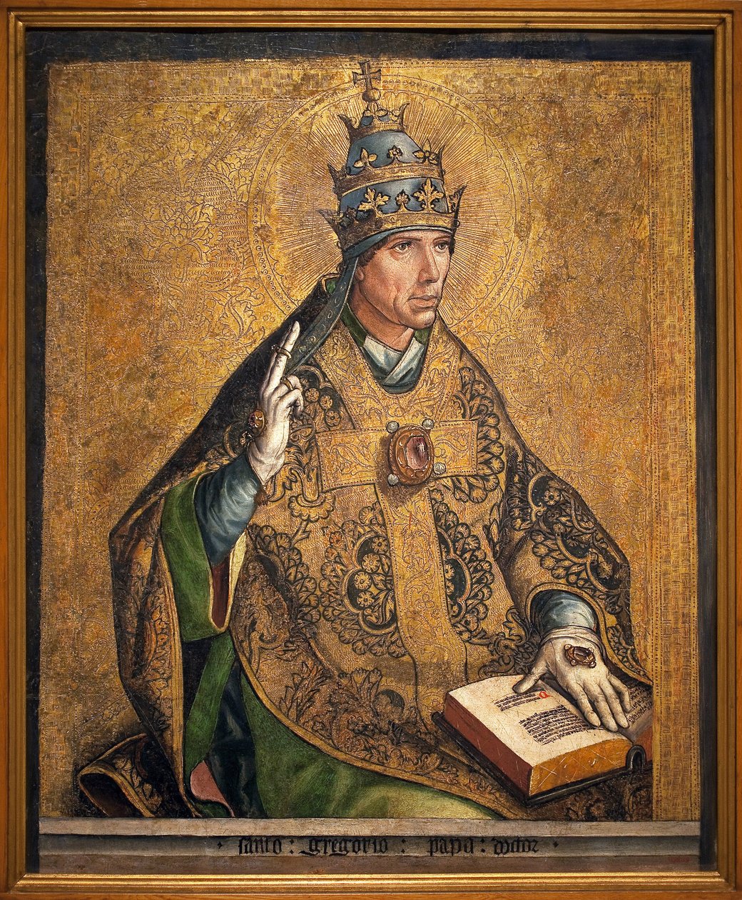 Paavi Saint Gregoiren muotokuva (tunnetaan nimellä Suuri, paavi 540-604). Pedro Berrugueten maalaus (noin 1450), öljy ja kultalehti puulle, noin 1495. Katalonian kansallinen taidemuseo, Barcelona (Espanja). tekijältä Pedro Berruguete