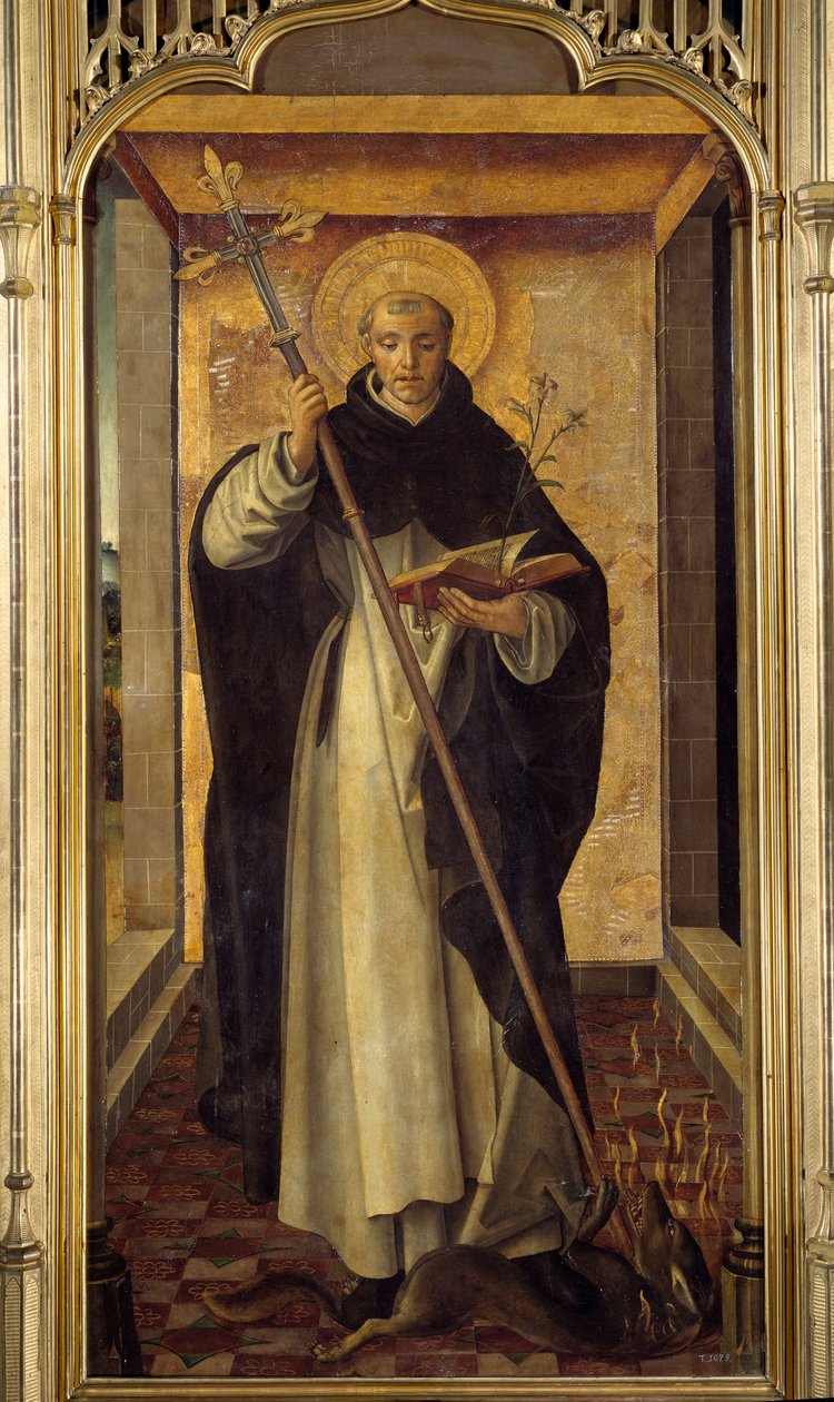 Edustus Saint Dominica de Guzmanista (1170-1221), Pedro Berrugueten (1450-1504) dominikaanisen ritarikunnan maalauksen perustajasta 1400-luvun su. 1,77x0,9 m Madrid, Prado-museo tekijältä Pedro Berruguete