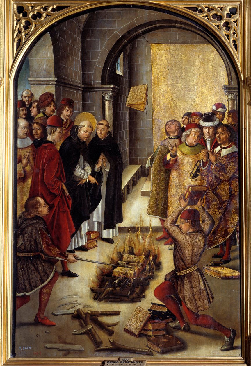 Saint Dominique ja Albigeois (Le Miracle des Fanjeaux): pyhimys antaa albiilaisille kirjan, joka kumoaa heidän harhaoppinsa, ja albiilaiset yrittävät polttaa sen, tuloksetta. Pedro Berrugueten (1450-1504) maalaus. 1500-luvun aurinko. 1,22 x 0,83 m Madrid, tekijältä Pedro Berruguete