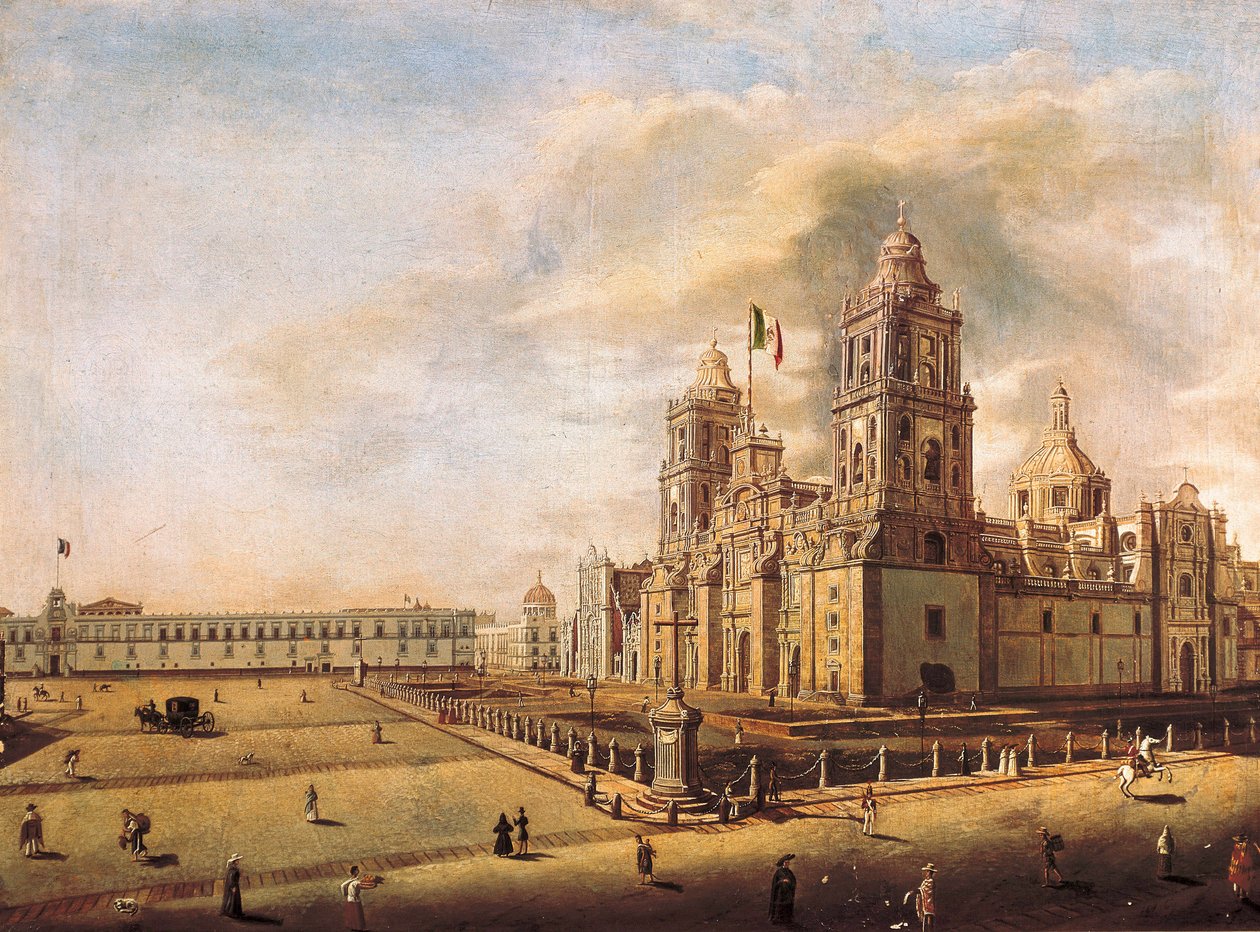 ""Mexico Cityn Metropolitan Cathedral ja National Palace"" Pedro Gualdin (1809-1857) maalaus noin 1840 National Museum of History Mexico City, Meksiko tekijältä Pedro Gualdi