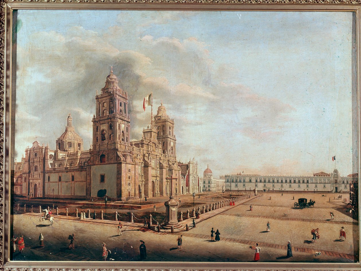 Näkymä Metropolitanin katedraalille ja kansallispalatsille, Mexico City, Meksiko Pedro Gualdin (1809-1857) maalaus Mexico City, Historiallinen kansallismuseo, Chapultepecin linna tekijältä Pedro Gualdi