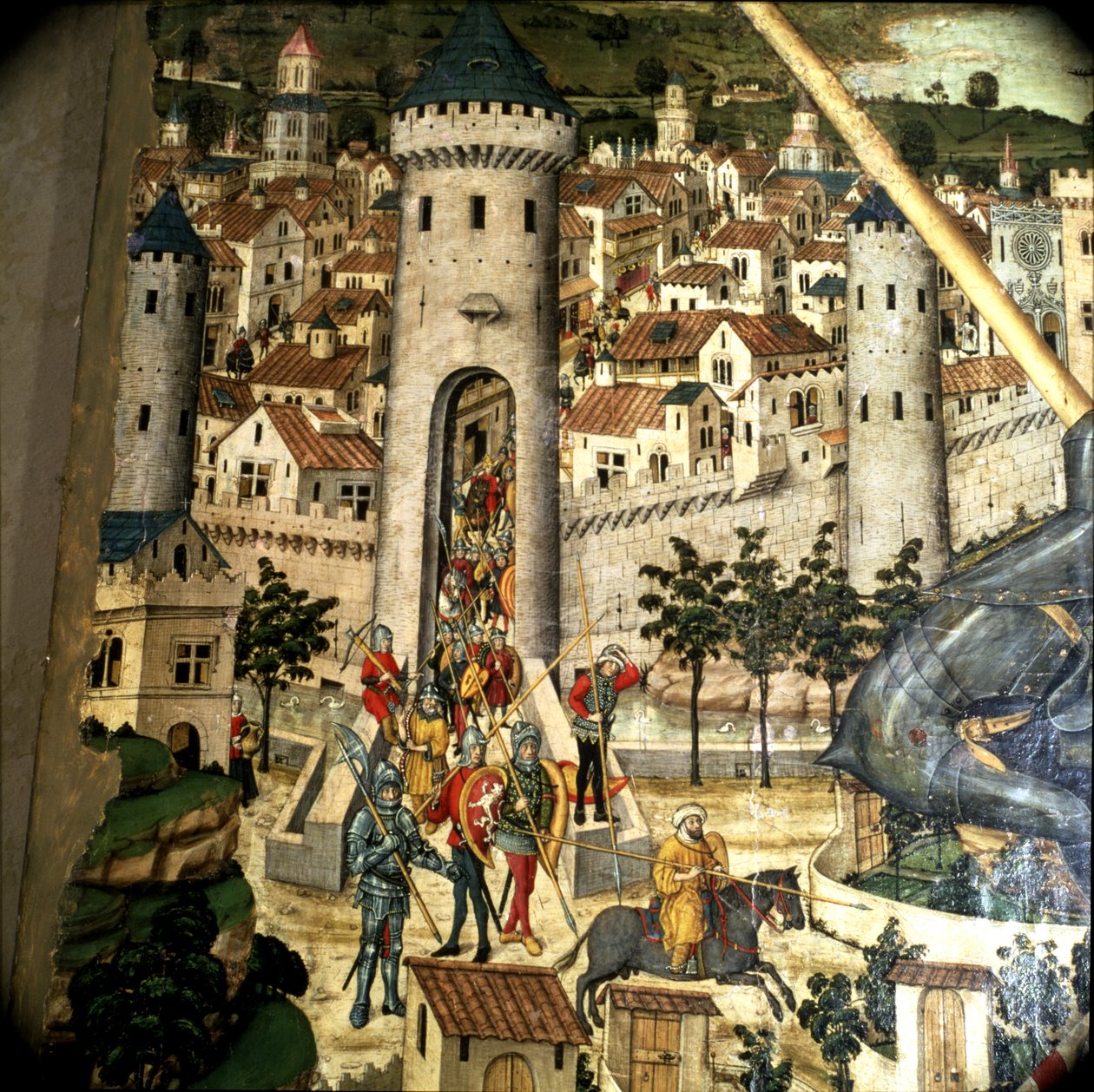 Pyhän Yrjön alttaritaulu: Aragonian kuninkaan Jacques I:n joukot valloittivat Palma de Mallorcan vuonna 1229, yksityiskohta tekijältä Pedro Nisart