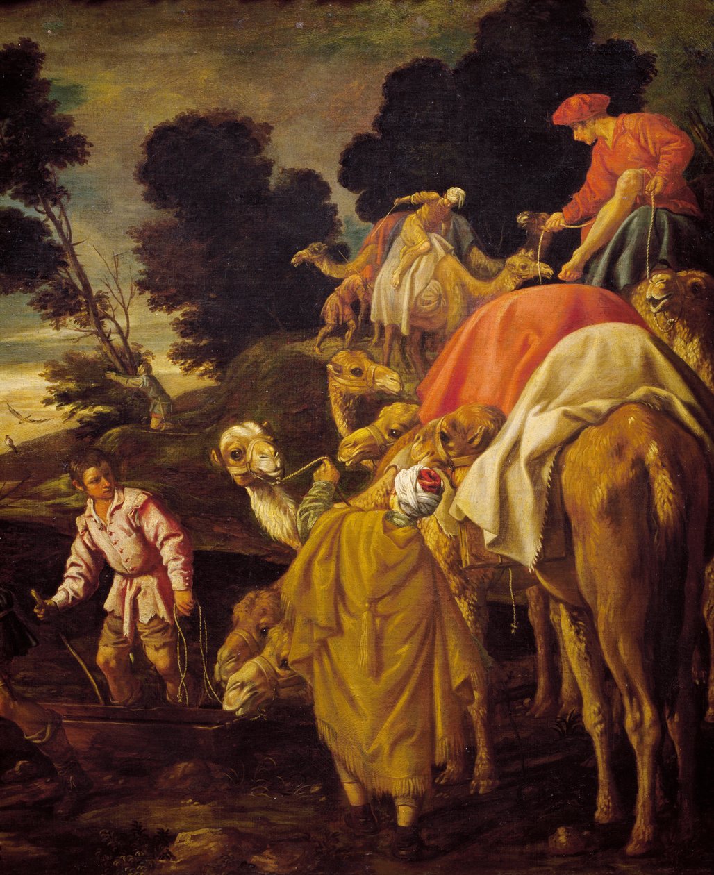 Kamelikaravaani, yksityiskohta Rebeccasta, joka antoi Eliezerin juoda kaivossa, maalaus Pedro Orrente (noin 1580-1645), Espanja tekijältä Pedro Orrente