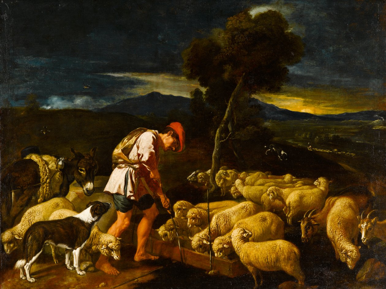 Jaakob juottaa Labansin lampaita kuorittujen oksien edessä, noin 1612-1622. tekijältä Pedro Orrente