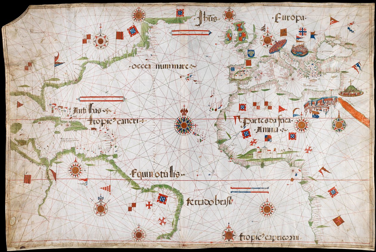 Atlantin valtameren, Välimeren ja Mustanmeren kartta, noin 1535 (pergamentti, paperi). tekijältä Pedro Reinel