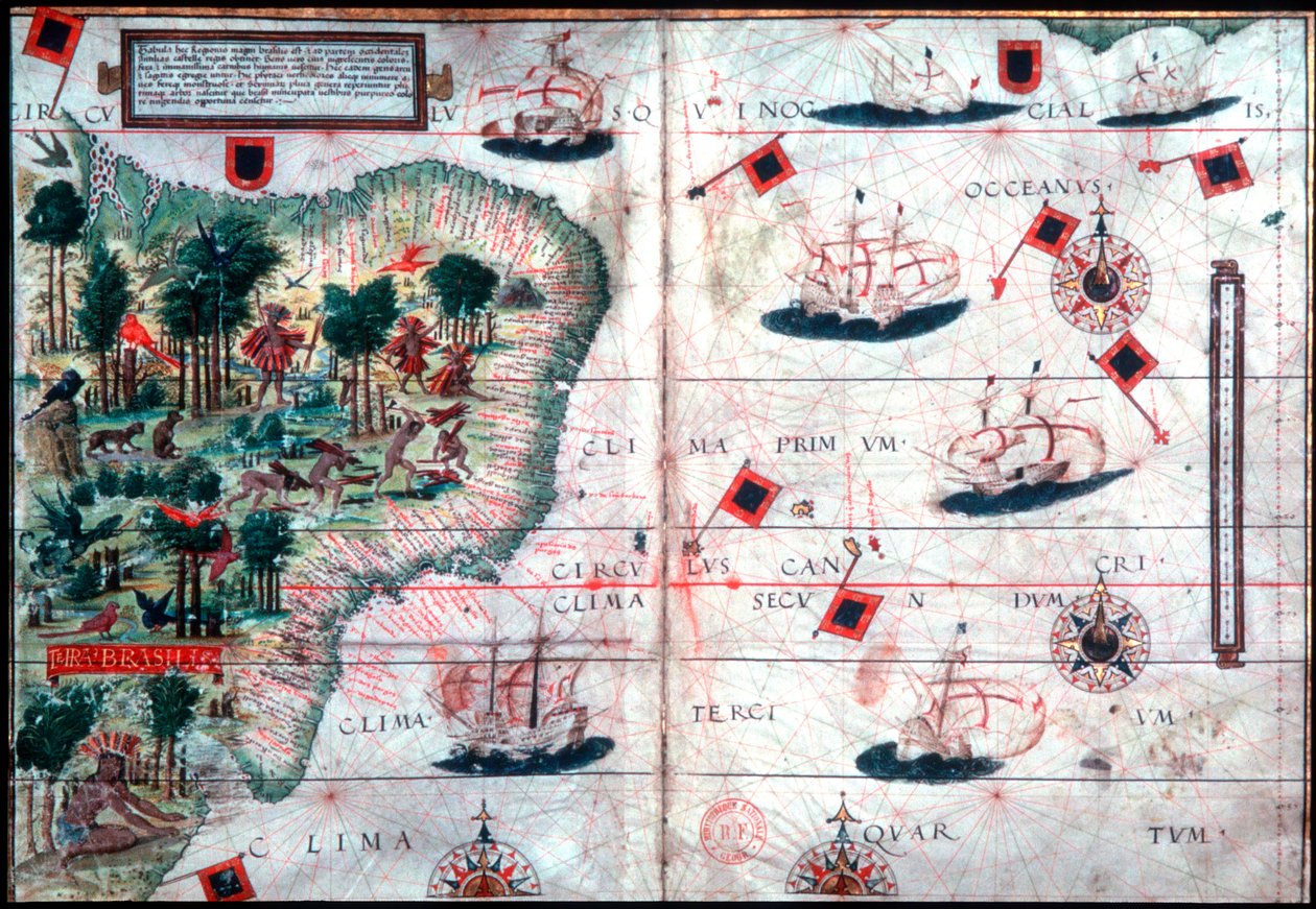 Portugalilaisten navigaattorien Pedro Reinelin ja Lopo Homenin Brasilian kartta, c1525. tekijältä Pedro Reinel