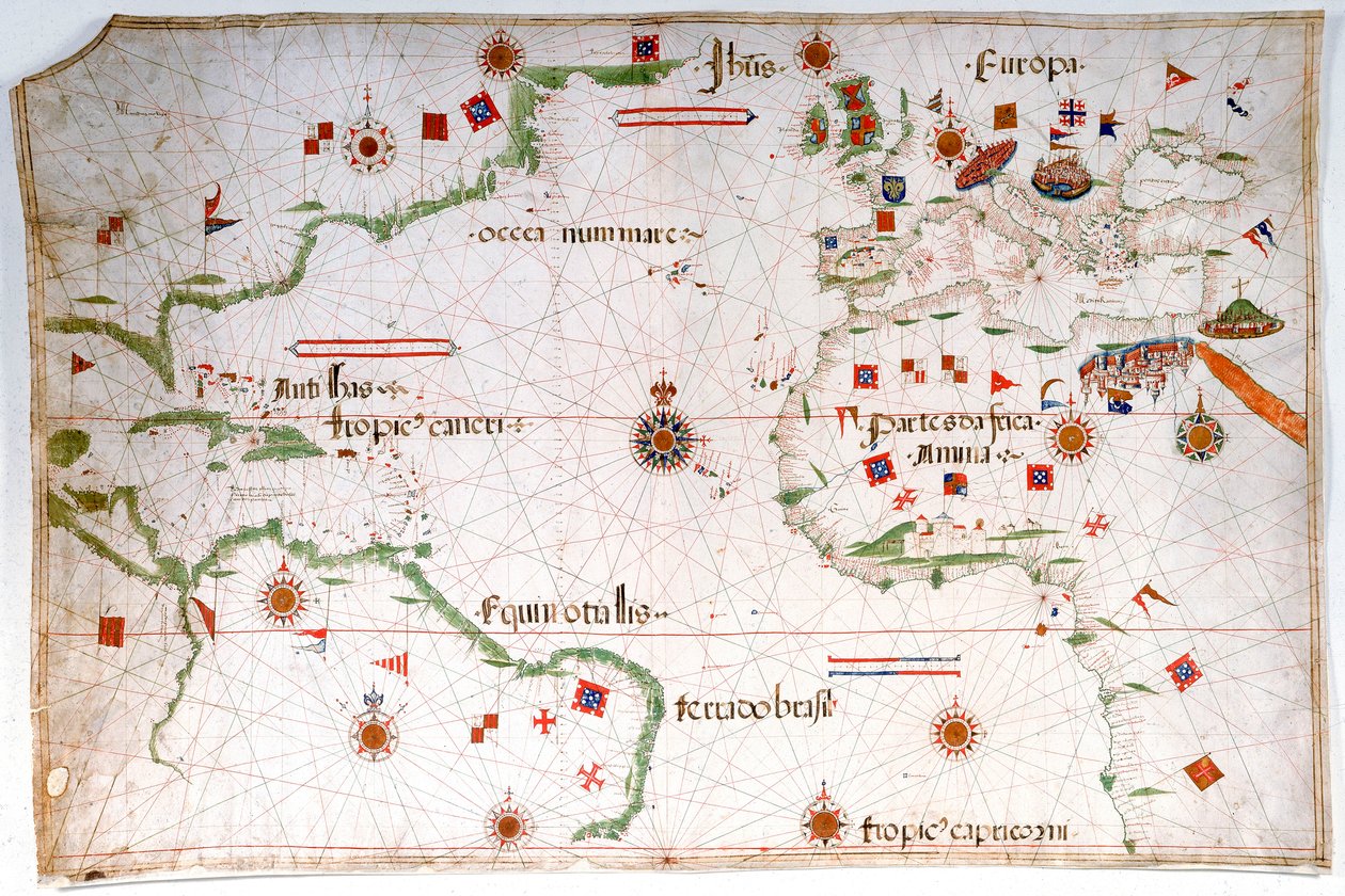 Atlantin valtameren, Välimeren ja Mustanmeren portulalainen merikartta, noin 1535 (pergamentti, paperi). tekijältä Pedro Reinel