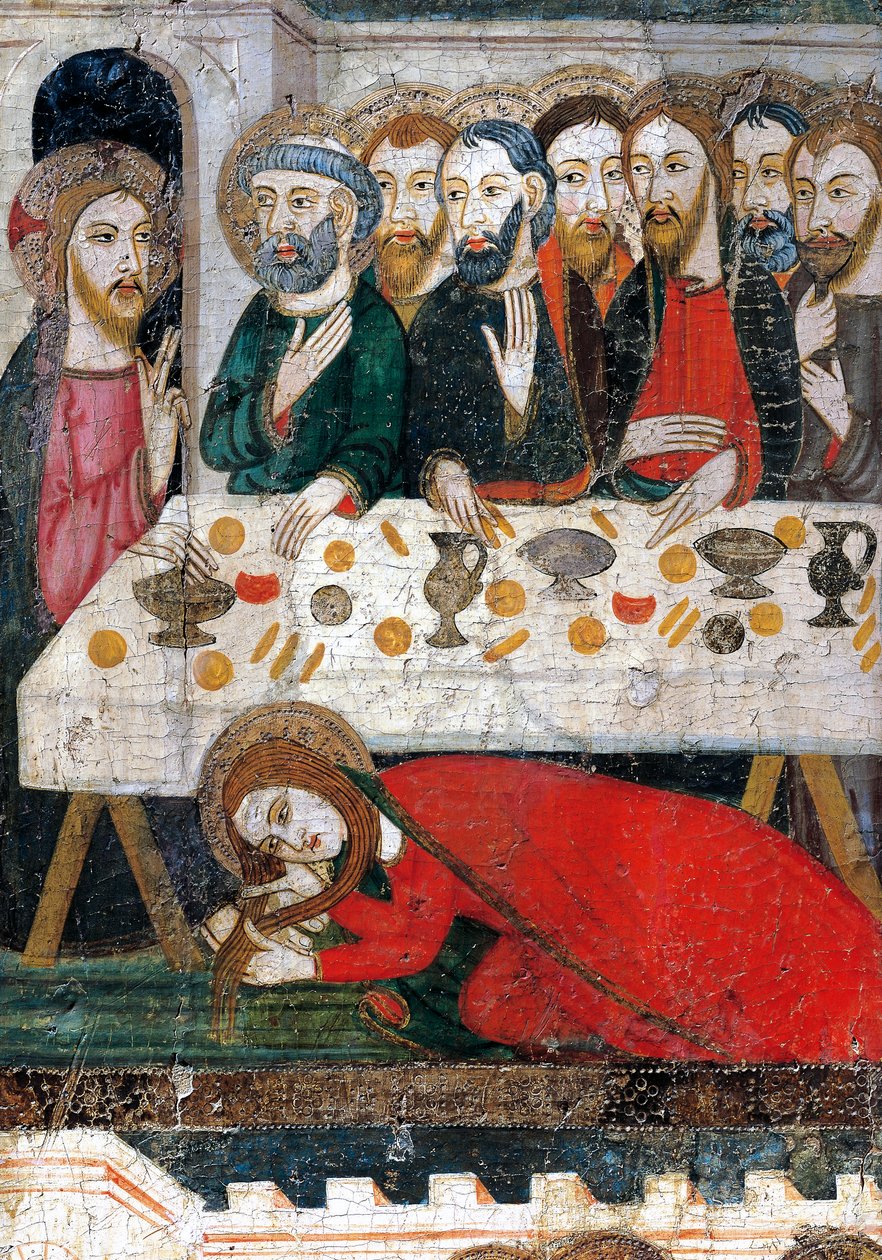 Maria Magdaleena pesee Kristuksen jalkoja hiuksillaan, Pedro Serra tai Pere Serra (toiminut 1363-1399), maalaus puulle. tekijältä Pedro Serra