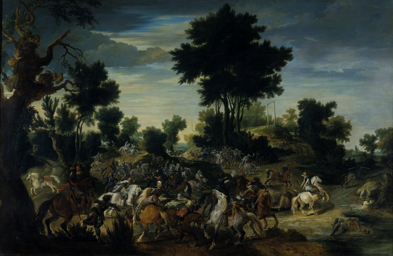 Ratsastajat etenevät puroon, 1601-15 tekijältä Peeter Snayers
