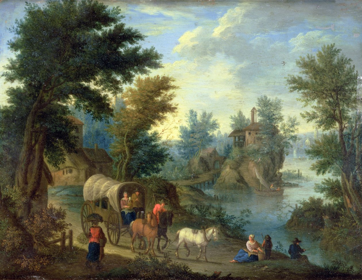 Metsäinen jokimaisema matkustajien kanssa (öljy kuparilla) tekijältä Peeter van Bredael