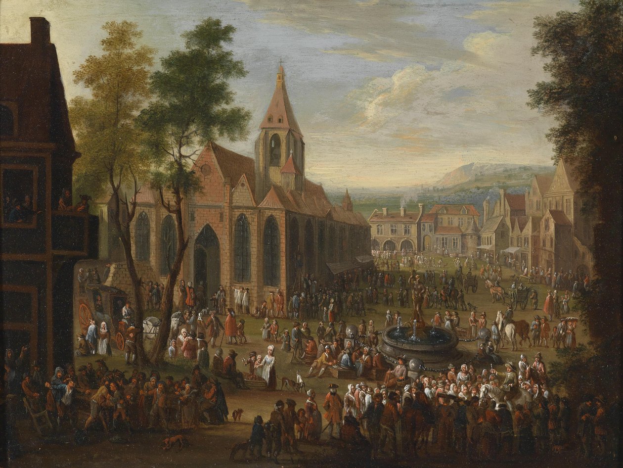 Ein Fest auf einem städtischen Platz mit zahlreichen Figuren tekijältä Peeter van Bredael