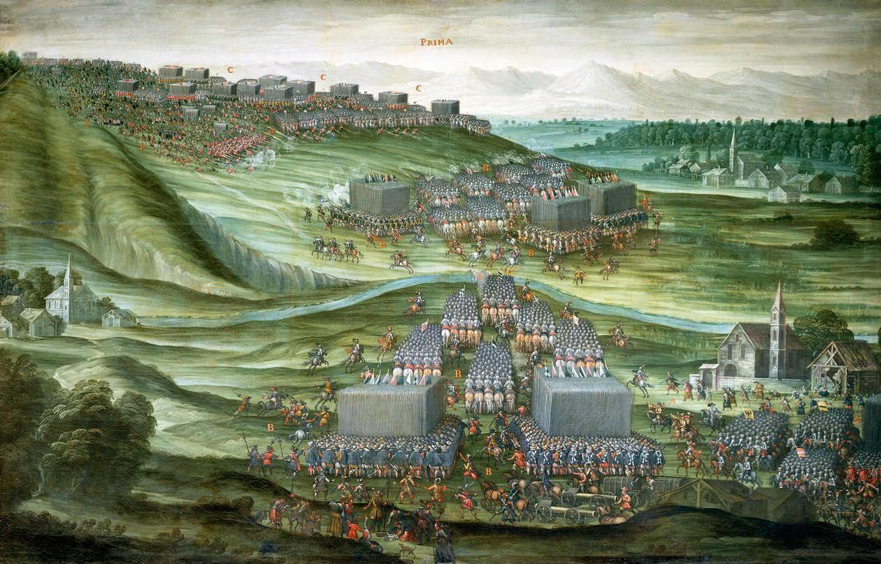 Joukkojen sijoittaminen White Mountainiin White Mountainin taistelun ensimmäisessä vaiheessa 7.-8. marraskuuta 1620, Pieter Snayersin (1592-1667) maalaus, joka on säilynyt Santa Maria della Vittorian kirkossa Roomassa tekijältä Peeter Snayers