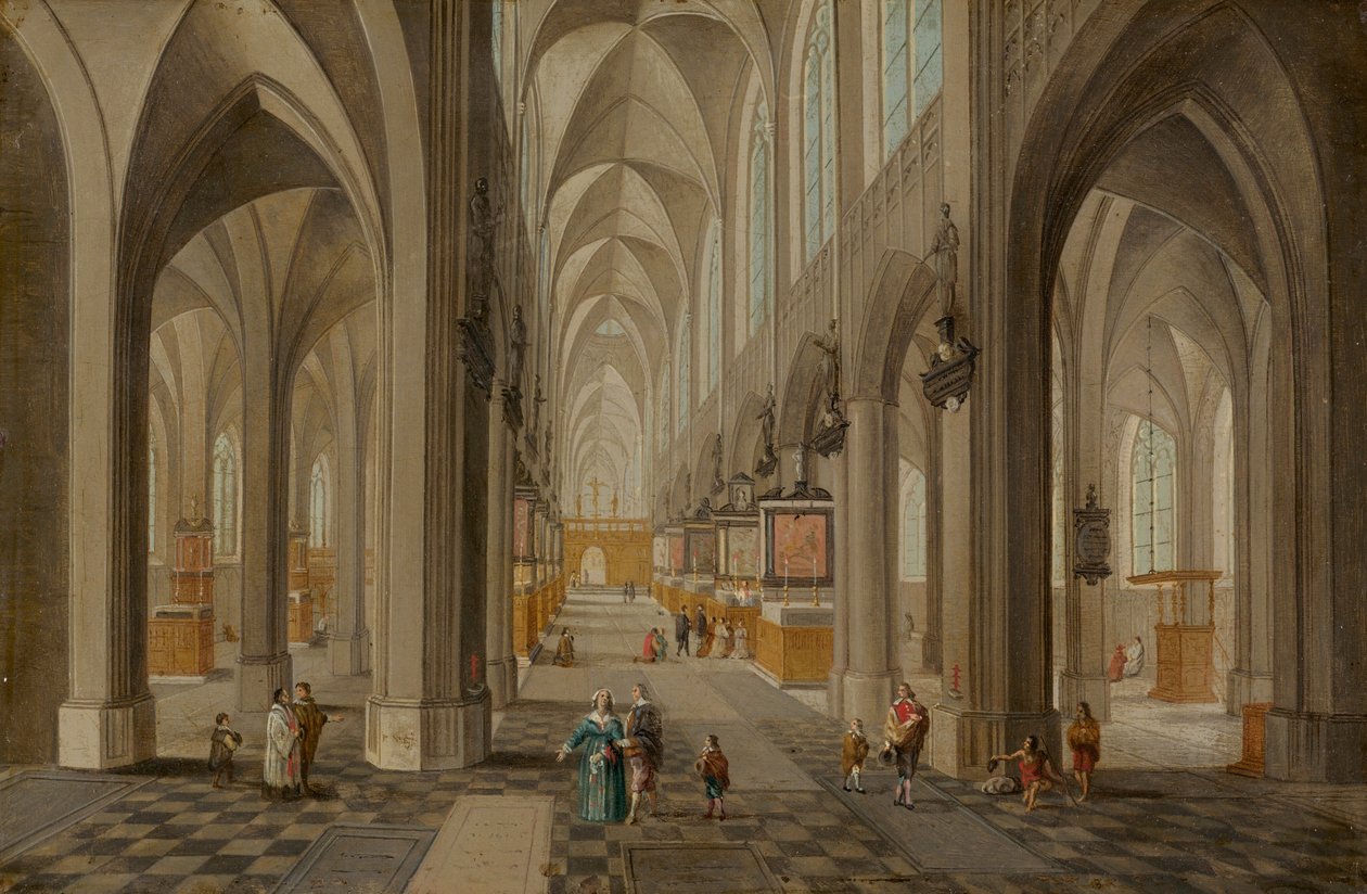Antwerpenin katedraali, noin 1650-1655 (öljy kuparille). tekijältä Peeter the elder & Vrancx Sebastian (1573-1647) Neeffs