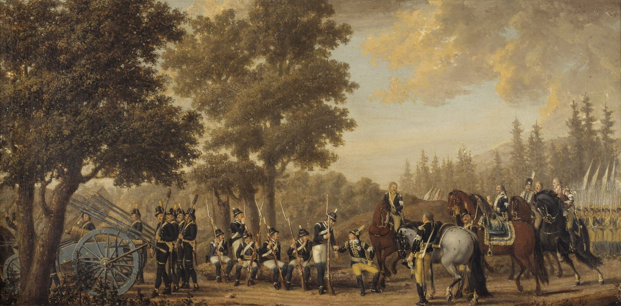 Ruotsin kuningas Kustaa III ja sotilas, Jakso Venäjän sodasta 1789 tekijältä Pehr Hilleström