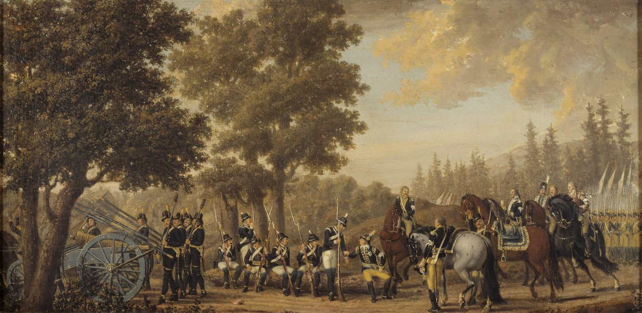 Le roi Gustave III de Suede (1746-1792) durant la guerre russo suedoise (1788-1790) - Ruotsin kuningas Kustaa III Venäjän ja Ruotsin sodassa, kirjoittanut Hillestrom, Pehr (1732-1816). Öljy kankaalle tekijältä Pehr Hilleström