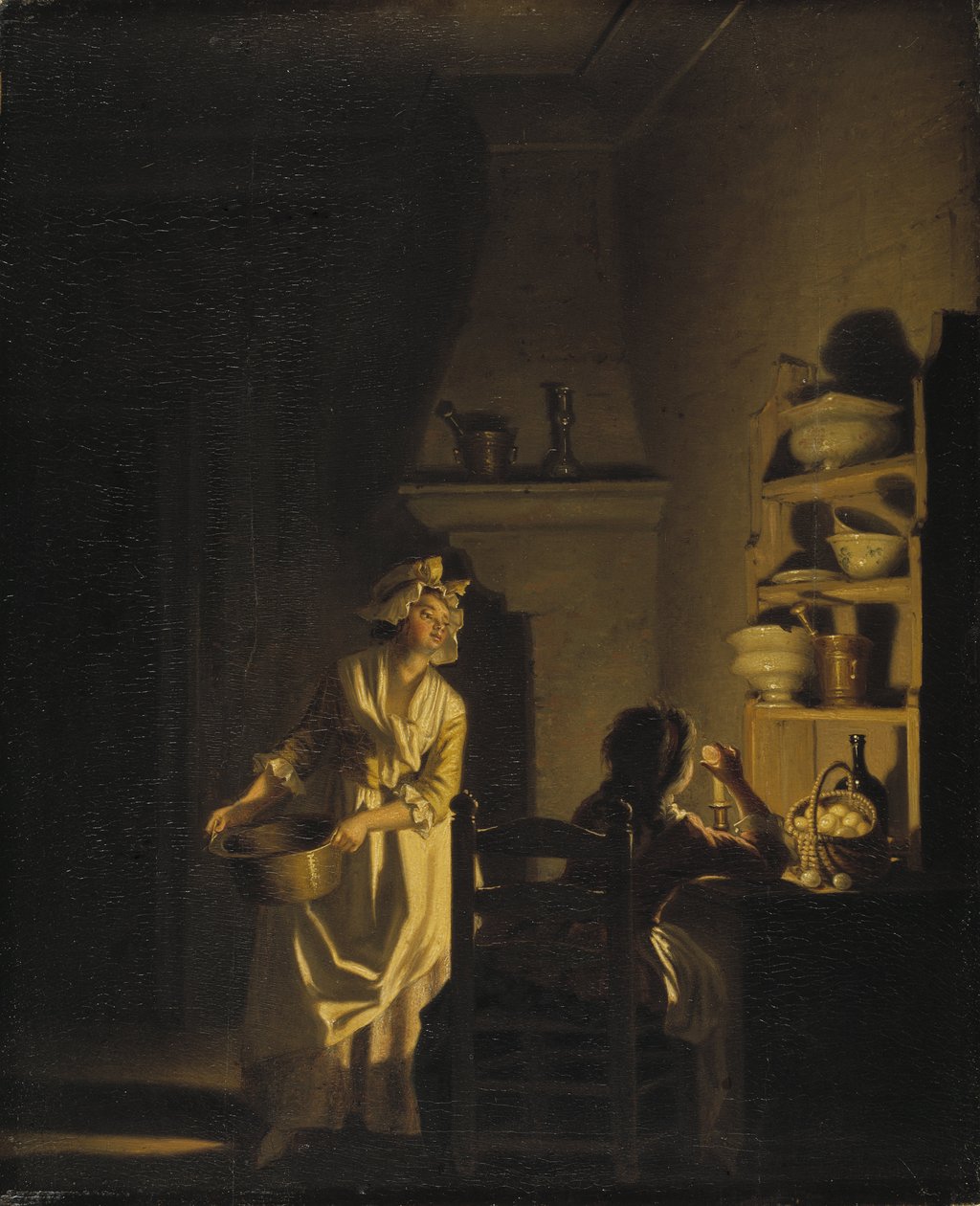 Le test des oeufs, interieur de cuisine - Testing Eggs. Keittiön sisustus, kirjoittanut Hillestrom, Pehr (1732-1816). Öljy puulle. Mitat: 39 x 32 cm. Tukholman kansallismuseo tekijältä Pehr Hilleström