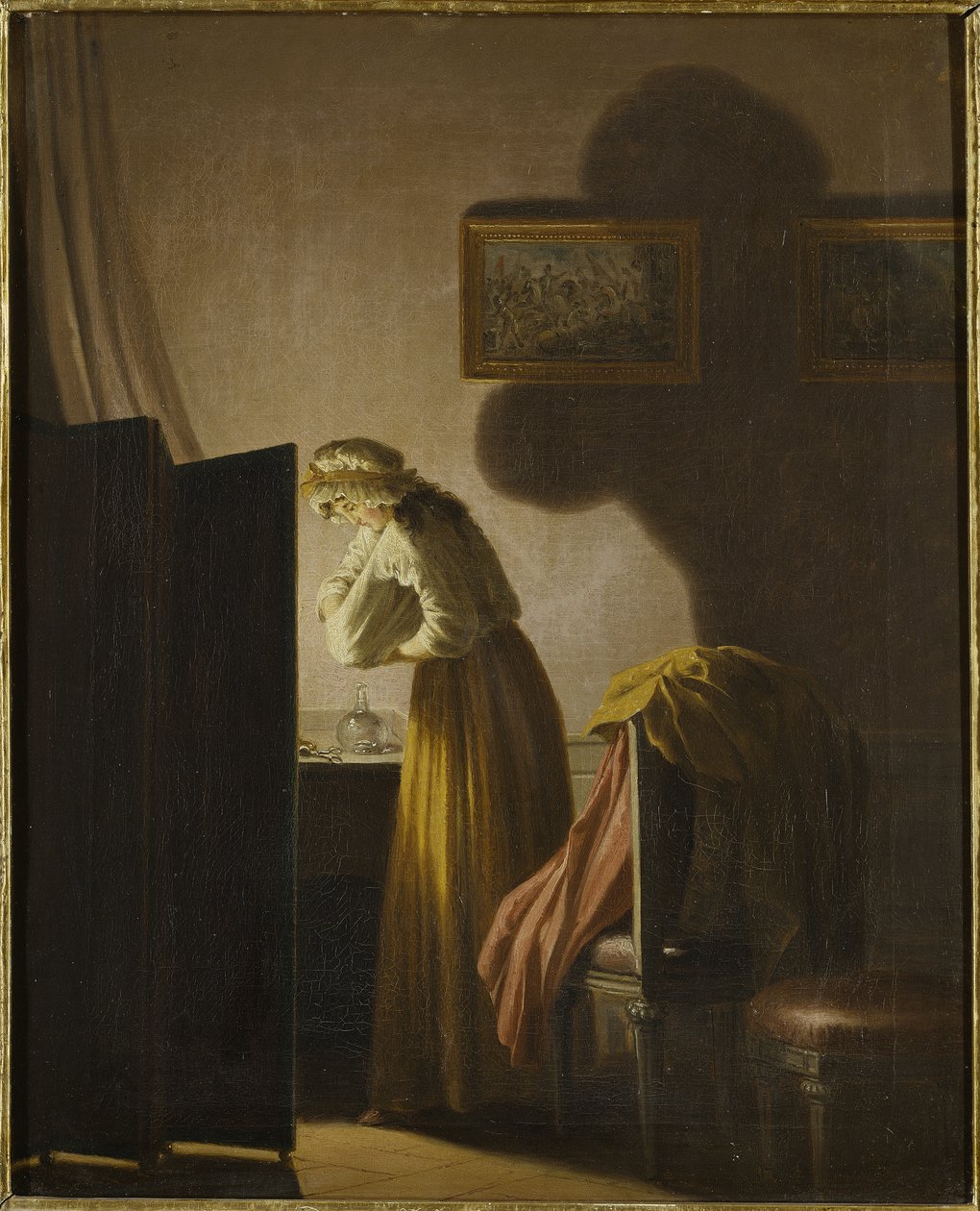 Une femme attrapant des puces a la lumiere de la bougie - Nainen, joka pyydystää kirppuja kynttilänvalossa, kirjoittanut Hillestrom, Pehr (1732-1816). Öljy kankaalle. Mitat: 51,5x42,5 cm. Tukholman kansallismuseo tekijältä Pehr Hilleström