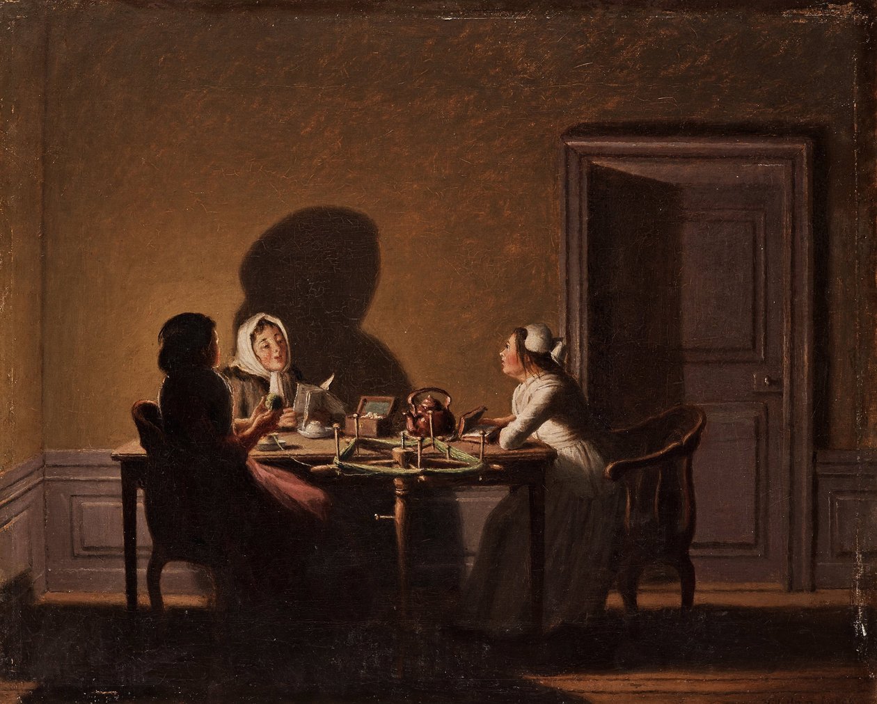 Lukeminen kynttilänvalossa, par Hillestroem, Pehr (1732-1816). Öljy kankaalle, koko: 41,5x51,5, , Yksityiskokoelma tekijältä Pehr Hilleström