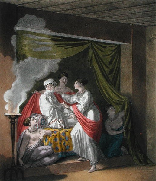 Prinsessa Orozo Tishai Adowan kaupungista, Abessiniasta ja hänen naisensa, levy 13 Jules Ferrarion julkaisusta "Le Costume Ancien et Moderne", kaiverrus Gallo Gallina, julkaistu noin 1820-30-luvulla (värilitho) tekijältä Pelagio (after) Palagi