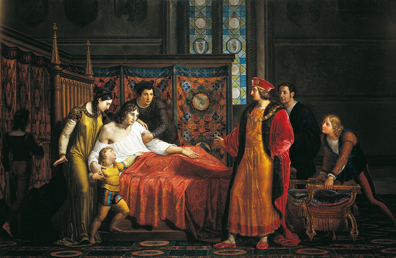 Charles VIII vierailee kuoleva Gian Galeazzo Sforzan luona Pavian linnassa tekijältä Pelagio Palagi