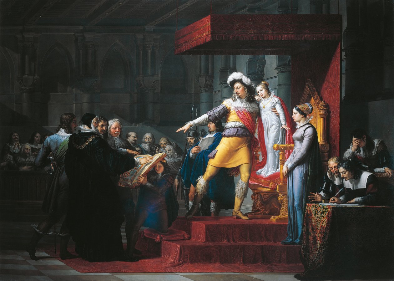 Kustaa II Adolphus Vasa vannomassa uskollisuusvalan tyttärelleen Cristinalle, Pelagius Pelagi (1775-1860), öljy kankaalle tekijältä Pelagio Palagi