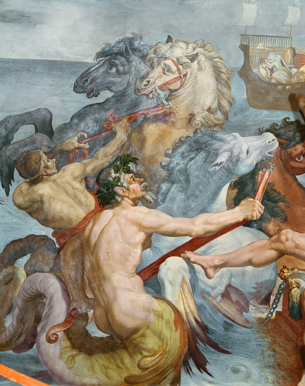 Odysseia, yksityiskohta Tritoneista ja hevosista Neptunuksen vaunuista, 1554-56 tekijältä Pellegrino Tibaldi