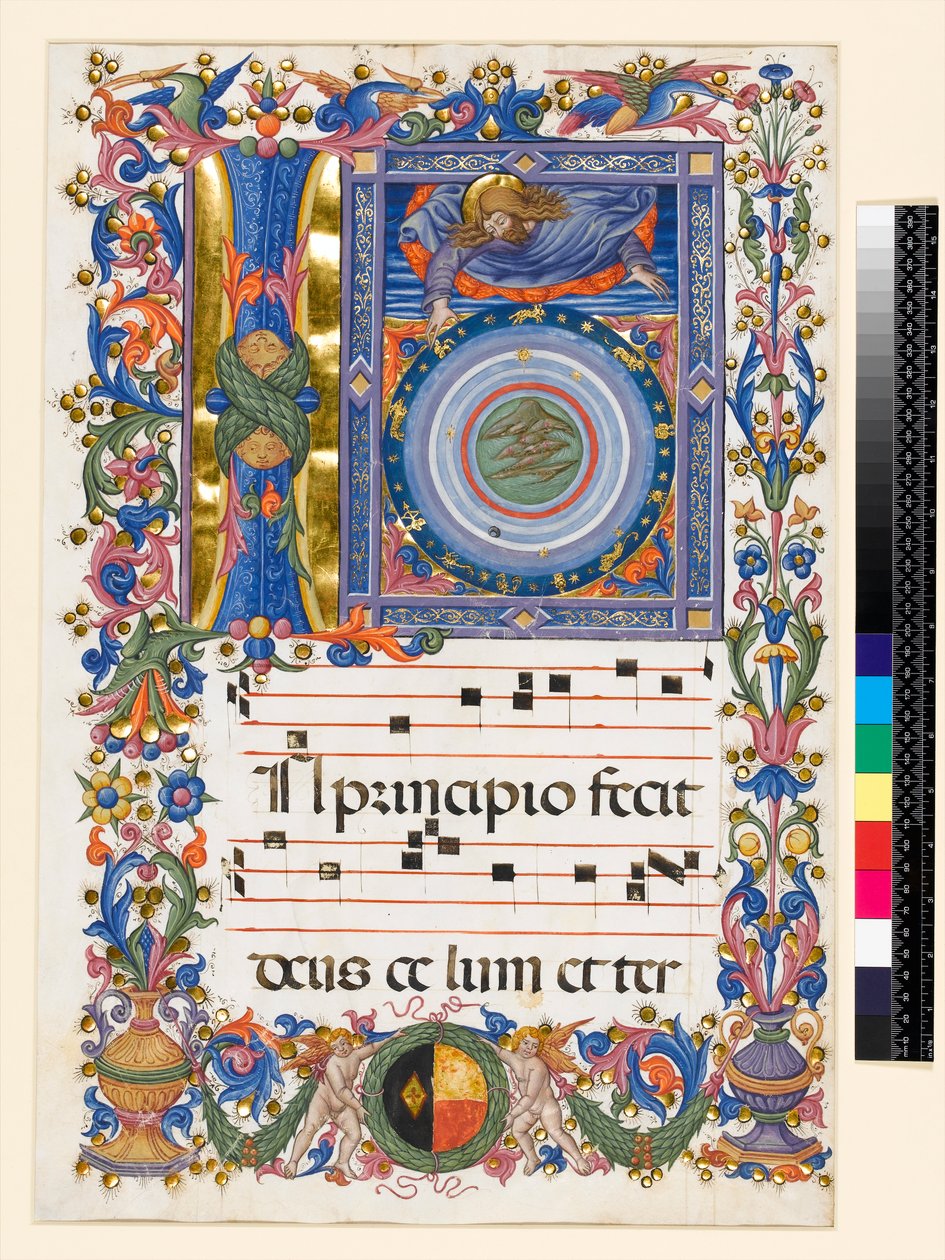 Historioitu alkukirjain I, joka kuvaa luomista, n. 1470 tekijältä Pellegrino di Mariano attr.to Pellegrino di Mariano attr.to