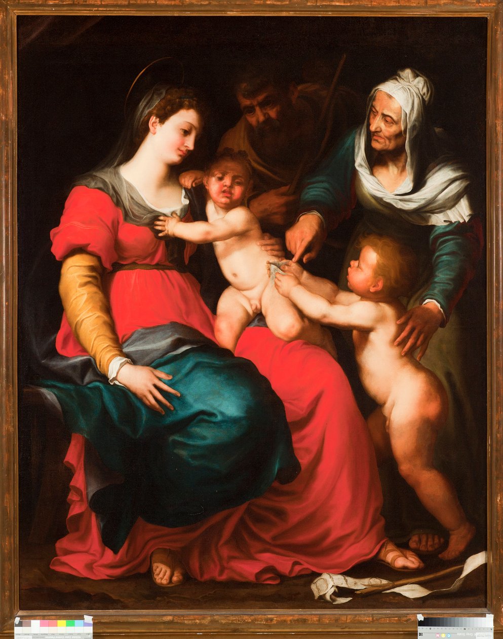 Pellegro Piolan (1617-1640) pyhä perhe perhosen ja pyhän Elisabetin ja Johannes Kastajan maalauksen kanssa tekijältä Pellegrino Piola