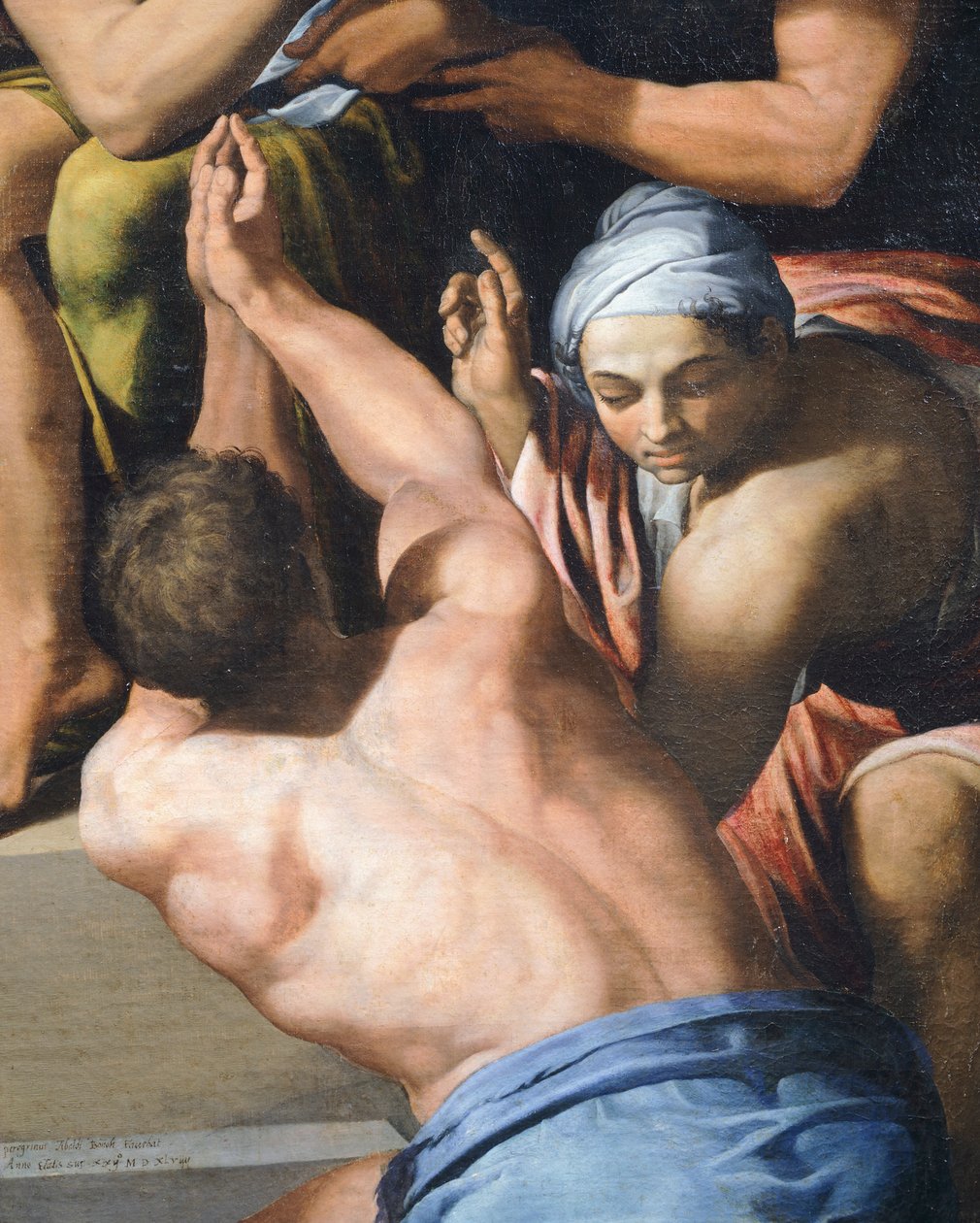 Mies ylävartalollaan alaston, yksityiskohta Adoration of the Childistä tekijältä Pellegrino Tibaldi
