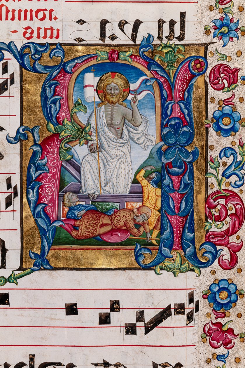 Piccolomini-kirjasto: kuorokirja, turska. 101,7, ff. 14r kanssa "Kristuksen ylösnousemus", kirjoittanut Pellegrino di Mariano. Yksityiskohta. tekijältä Pellegrino di Mariano