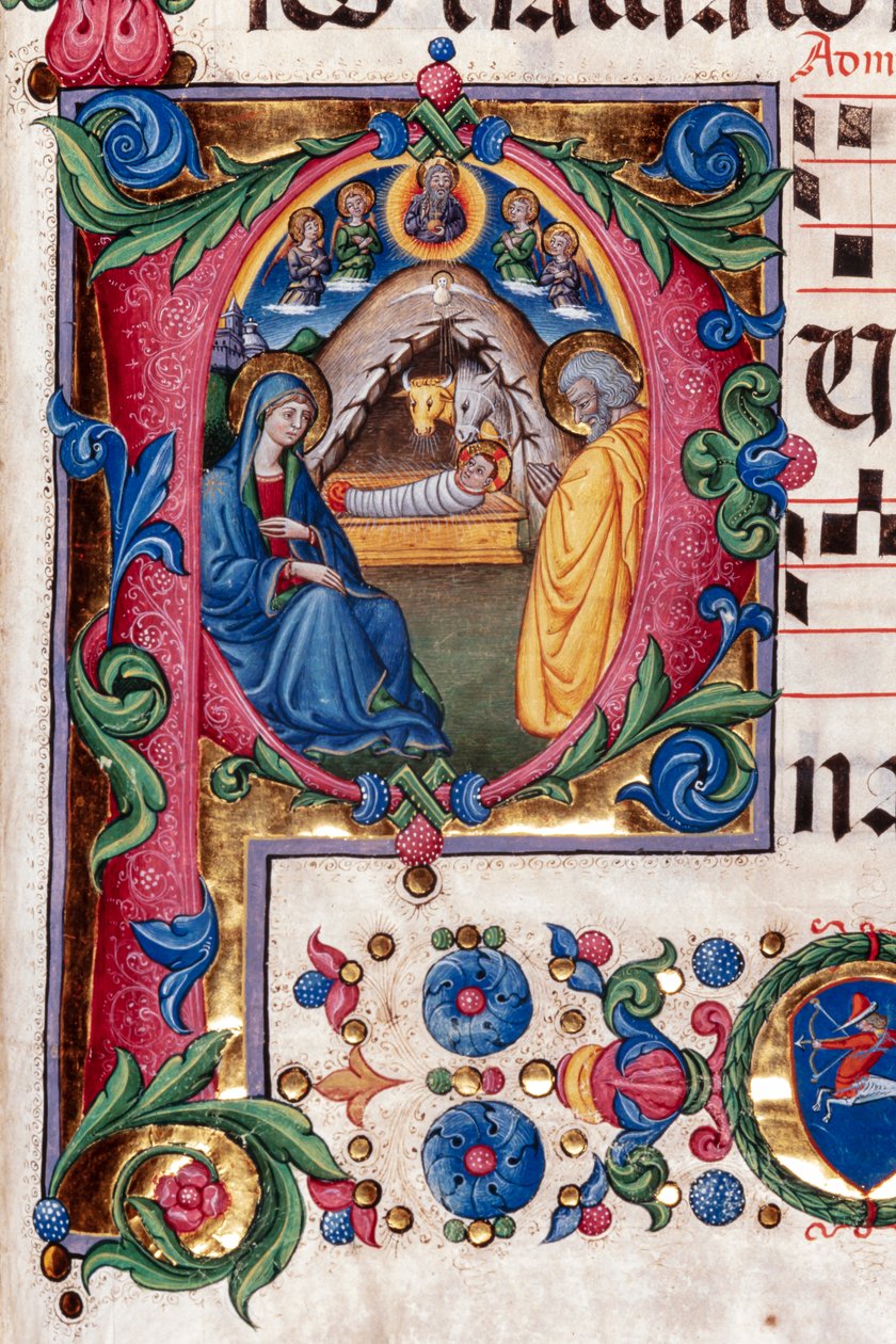 Piccolomini-kirjasto: kuorokirja, turska. 102,8, ff. 48r kanssa "Nativity", kirjoittanut Pellegrino di Mariano. Yksityiskohta. tekijältä Pellegrino di Mariano