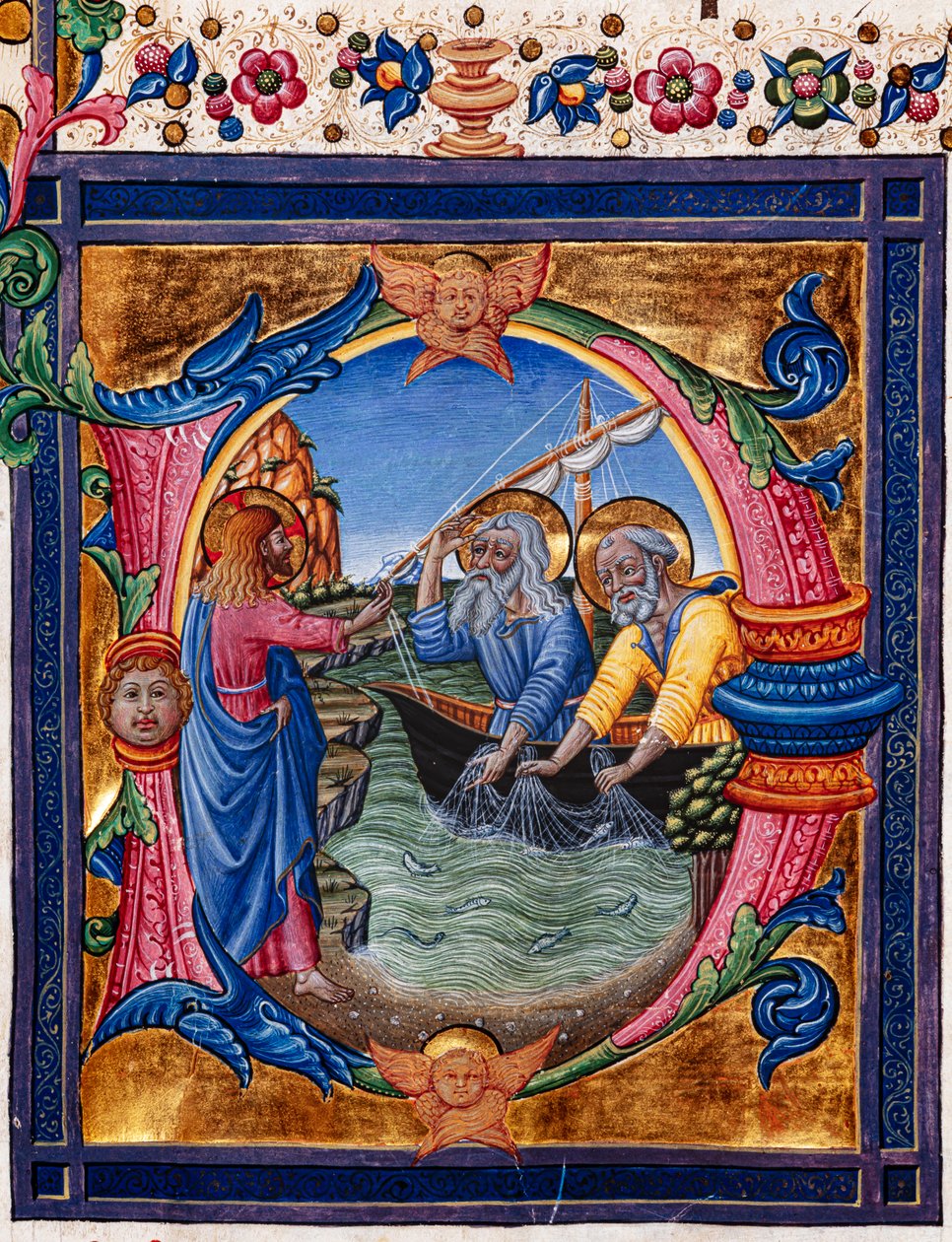 Piccolomini-kirjasto: kuorokirja, turska. 11.M, ff. 4r "Pyhän Pietarin ja Pyhän Andreaksen kutsuminen", kirjoittanut Pellegrino di Mariano. Yksityiskohta. tekijältä Pellegrino di Mariano