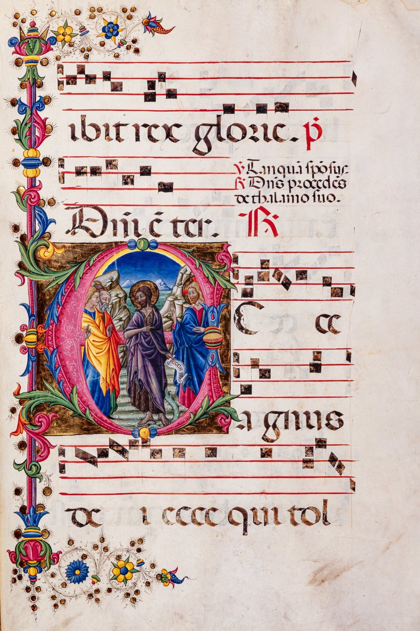 Piccolomini-kirjasto: kuorokirja, turska. 2.B, ff. 105r ja "Pyhän Johannes Kastajan saarna", kirjoittanut Pellegrino di Mariano. tekijältä Pellegrino di Mariano
