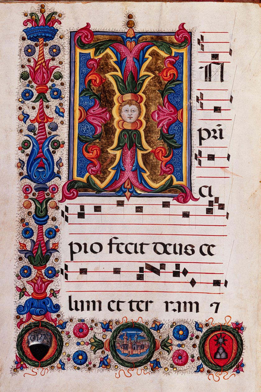 Piccolomini-kirjasto: Kuorokirja, cod. 5.E, ff. 4v ja "Foliated Initial", kirjoittanut Pellegrino di Mariano. tekijältä Pellegrino di Mariano
